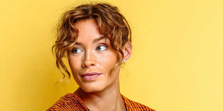 Woman with curly hair poses against a yellow background during a cheerful moment at a casual indoor setting