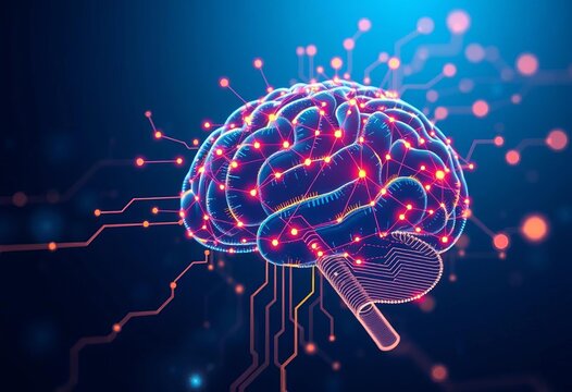 Abstract digital brain circuit design with glowing lines and dots on blue background,  data,  brain