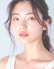 Naklejka premium 日本人, 超リアル, 若い美しい女性, 顔アップ, 滑らかな肌, ツヤのある肌質, ナチュラルメイク, 柔らかな光, 美容広告風, シネマティック, カメラ目線, 高画質, Japanese, ultra-realistic, young beautiful woman, face close-up, smooth skin, radiant complexion, natural makeup