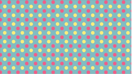 A seamless pattern with a bright and cheerful retro aesthetic, showcasing a modern polka dot design with bold magenta dots on a sky blue and lemon yellow field.