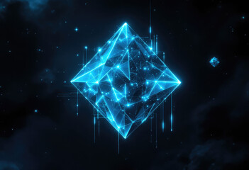Glowing Blue Geometric Diamond Shape Floating in Digital Space