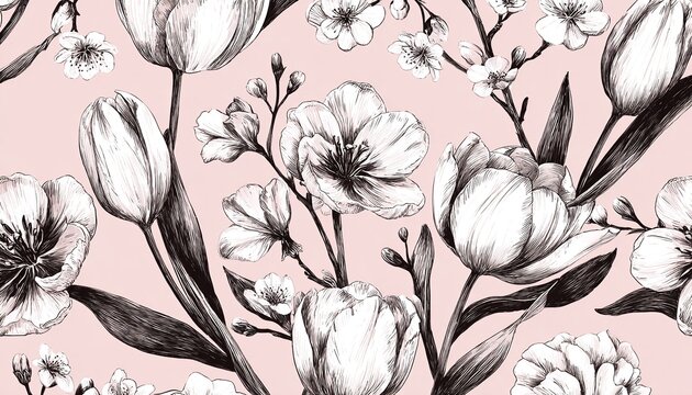 ZARTE FLORALE LINIENKUNST-ILLUSTRATION MIT FR&Uuml;HLINGSBL&Uuml;TEN