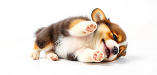 Fluffy corgi puppy tumbling playfully on a white studio background, short legs and big ears,   cute puppy,  playful