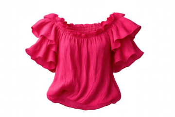 Pink off-shoulder blouse displaying delicate layered flounces, elasticated neckline, floating against transparent backdrop