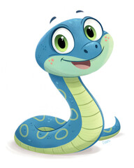Fototapeta premium Cute cartoon blue and green snake smiling, isolated on white background