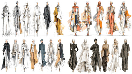 Fashion design sketches of modern couture outfits featuring flowing fabrics, elegant silhouettes, and artistic color accents. Stylish concept art for fashion collections.