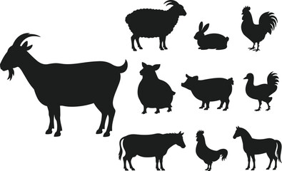 Silhouette of farm animals including goat, sheep, rabbit, rooster, pig, and horse, agricultural life, livestock, rural farm animals, farmyard collection