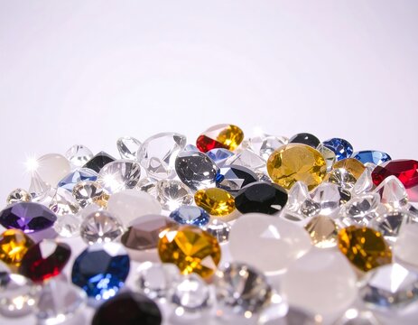 A colorful pile of various cut gemstones against a bright backdrop
