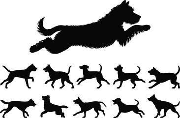 Silhouette of a dog running and jumping, various movement poses, playful pet activity, energetic dog, dog agility, joyful canine, outdoor dog exercise