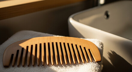 Wooden comb with smooth teeth resting on a soft white towel in warm sunlight