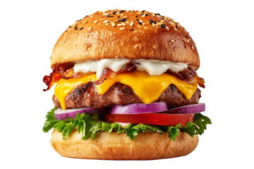 Australia Aussie crispy chicken burger with cheddar cheese, fries, lettuce, tomato, pickles and mayo on sesame bun, isolated on white transparent background