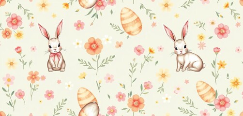 Adorable hand-drawn Easter bunny, egg & floral seamless pattern Perfect for spring designs, hand-drawn, whimsical