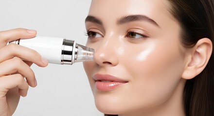 A young woman with glowing skin uses a handheld facial cleansing device on her nose, focusing on skincare and beauty treatment.