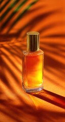 Amber perfume bottle in sunlit shadows (1)