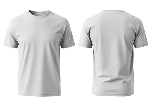 A plain light gray men's t-shirt template with front and back views for apparel design, isolated on a white background. - Powered by Adobe