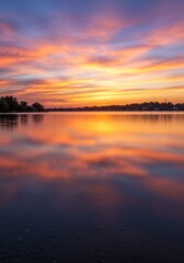 Obraz premium Vibrant Sunset Over Calm Lake Water Reflection