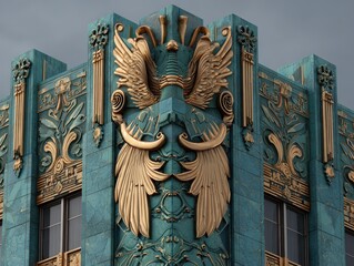 Teal and Gold Peacock Art Deco Building 3D Render