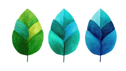 Three stylized leaves in shades of green and blue, layered and textured, on a white background