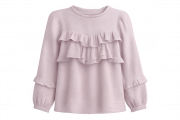 Studio shot of a pink long-sleeved shirt with ruffles, isolated on a transparent background, perfect for fashion projects