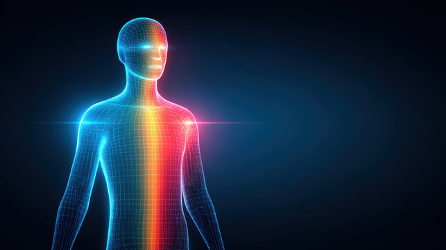Holographic human body with glowing temperature gradient, digital health technology, futuristic medical diagnosis concept