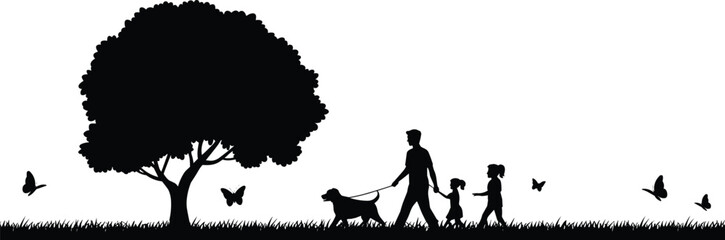 Silhouette of a family walking together with a dog in a park, enjoying nature, outdoor family time, children and parents, walking under a tree, peaceful environment