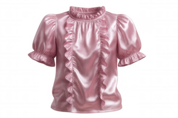 Pink satin blouse with ruffles and short sleeves, isolated on transparent background, perfect for fashion projects