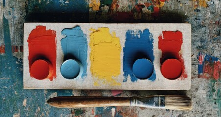 Colorful paint swatches on a wooden palette. A paintbrush rests beside it