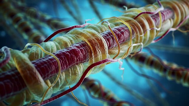 Detailed Nerve Fiber Structure with Myelin Sheath in Red and Yellow on Blue