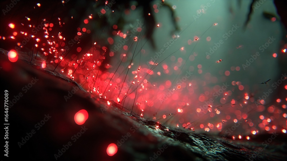 Poster a bunch of red lights that are on a tree branch.