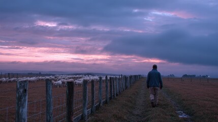Evening scene with a sheep farmer walking along a fence line while sheep settle down in the fading light