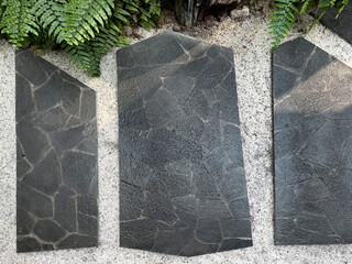 Close up of black stoned footpath with white pebbles and fern leaves bushes. Fern leaves bushes as decorative planters along the foot path. Natural garden decoration.
