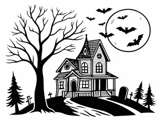 Haunted House with Bats and Moon