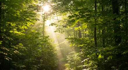 Fototapeta premium Sunbeams in Lush Green Forest