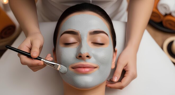 Woman receiving a relaxing facial clay mask application at a spa.