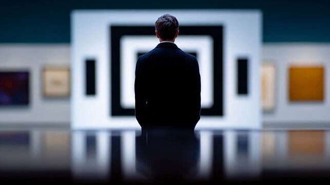 A person in a suit stands looking at abstract art in a gallery exhibition with reflections on a polished surface