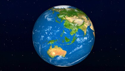 Obraz premium A detailed 3D rendering of Earth, centered on the Asia-Pacific region, against a star-studded backdrop
