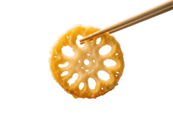 Crisp lotus root tempura, intricate lacy pattern, held by light chopsticks over dark dipping bowl with amber sauce, on seamless gray background, culinary artistry and appetizing appeal