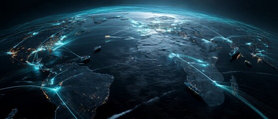 Global Logistics Network with Shipping Routes Viewed from Space