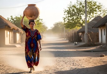 Woman carrying a water pot on her head in a dusty village