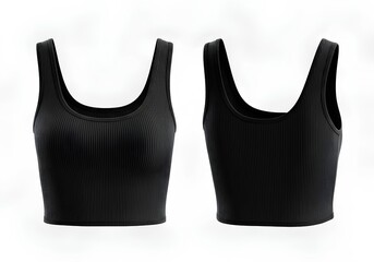 Front and back view of a black women's sleeveless crop top, isolated on a clean white background for mockup.