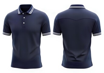 Front and back view of a navy blue polo shirt with white striped collar and sleeve cuffs, isolated on a white background.