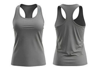 Front and back views of a plain grey racerback tank top, presented on a white background, showcasing its athletic design and fabric texture.