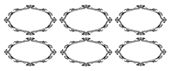 Obraz premium Six blank oval badges with ornate borders, black & white, arranged symmetrically on white background, symmetrical, illustration