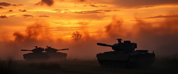 Silhouetted tanks clashing in a misty battlefield under a war-torn sky,  warfare,   heavy