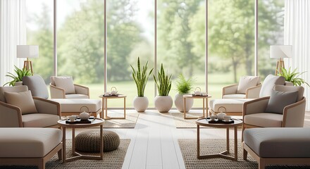 Tranquil modern lounge area with large windows overlooking a lush garden.