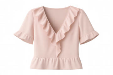 Delicate pink blouse featuring soft ruffles, highlighting feminine style with versatile design and clean transparent background for seamless image integration