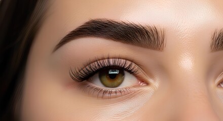 Close-up of a woman's face, showcasing well-groomed eyebrows and eyes with applied false lashes.