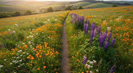 Path Through a Vibrant Wildflower Field at Sunset