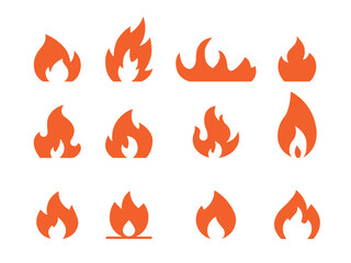 Fire icons set. Сollection of vector symbols featuring flame, bonfire, fireplace, candle, match, lighter, torch, spark, smoke, and safety signs. Ideal for apps, web, UI, infographics, and print