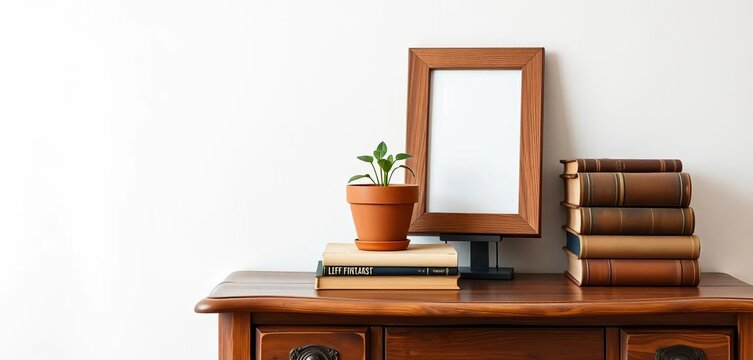Rustic wooden picture frame, repurposed as a flowerpot, sits atop stacked books on an antique wooden desk against a white wall,  mockup,  showcase